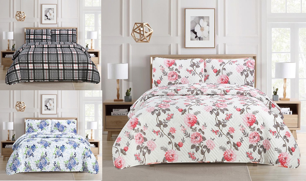 3 Pieces Queen Size Quilt Set, 150g Filing,100% Microfiber, 80 GSM, Assorted 3 Designs (12 set/ctn)
