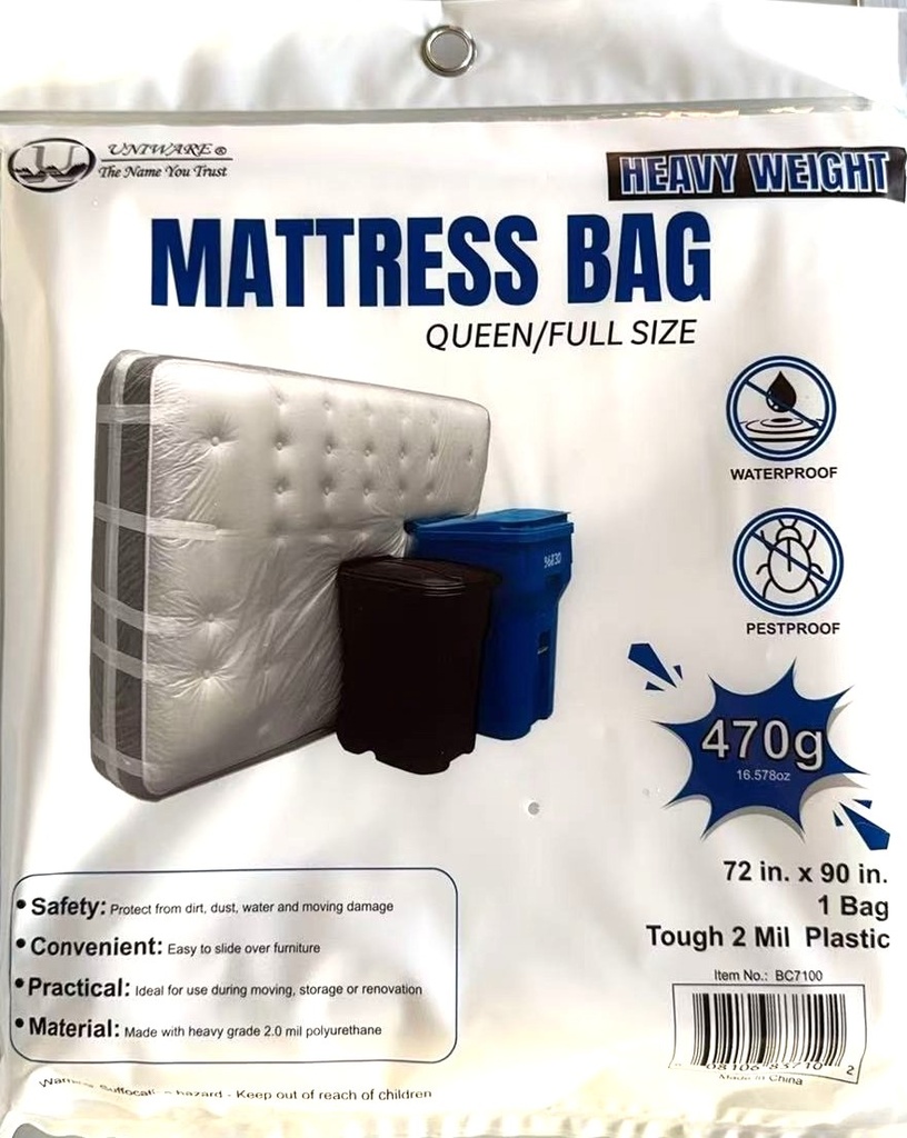Queen/Full size Heavy Gauge Poly Mattress Bags, 92"x70"x14", 2 mil, Clear (48 pc/ctn)