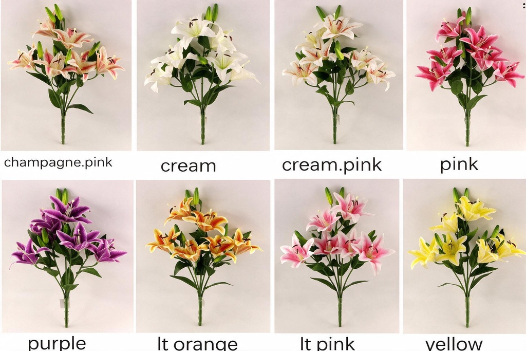12 Heads Lily(6 Flowers + 6 Buds), Flower dia 20cm, 65cm, Assorted Color (24 pc/ctn)