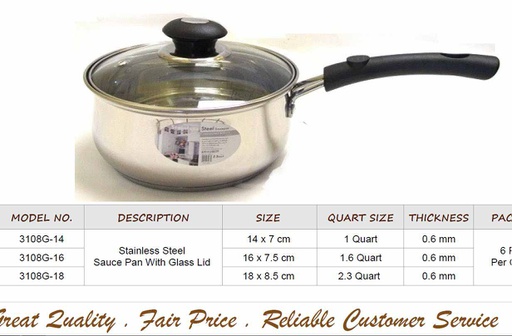 [3108G-16] Stainless Steel Sauce Pan with Glass Lid 1.6QT 7.0" (6 pcs/ctn)