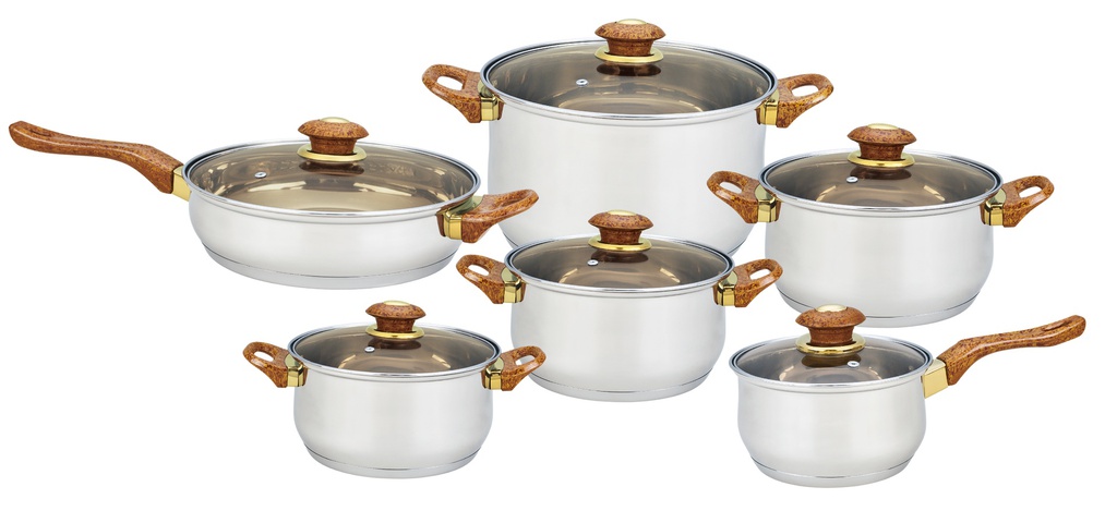 12 pc 304 Stainless Steel Cookware Set w Glass Lid, Induction Compatible Bottom (2 set/ctn)