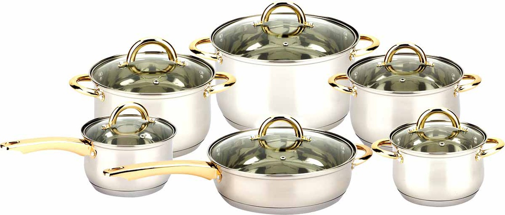 304 Stainless Steel Cookware w Glass Lid 12pc Set, Induction Compatible Bottom (2 sets/ctn)