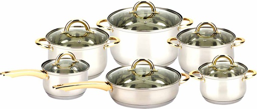 [3416] 304 Stainless Steel Cookware w Glass Lid 12pc Set, Induction Compatible Bottom (2 sets/ctn)