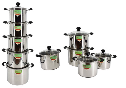 [3790] Stainless Steel Sauce Pot w Glass Lid 10pc Set, 4/5.5/7.2/9.3/12QT (2 sets/ctn)
