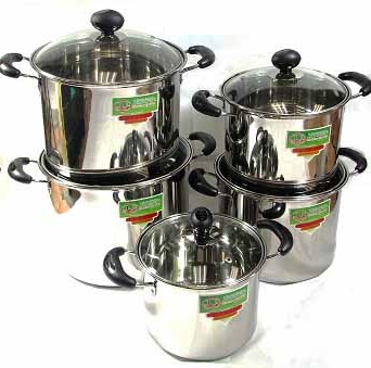 [3790] Stainless Steel Sauce Pot w Glass Lid 10pc Set, 4/5.5/7.2/9.3/12QT (2 sets/ctn)