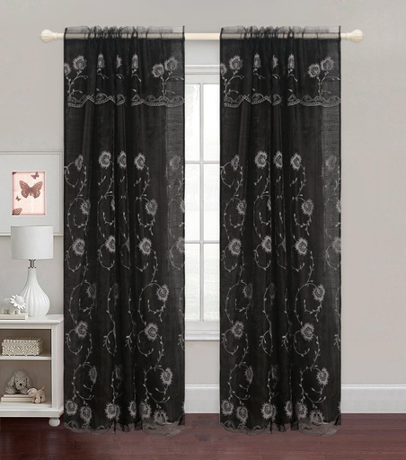 [WC55100-BK] 54"x84" Black Embroidered Flowers Window Curtain (12 pcs/ctn