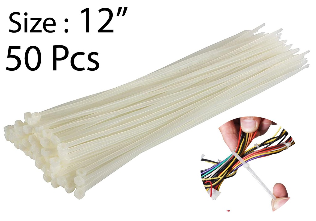 50pc 12" Nylon Zip Ties, 0.3" W, Nylon 66 White(48 bag/ctn)