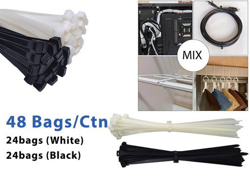 [ZT76300] 50pc 12" Nylon Zip Ties, 0.3" W, Nylon 66, Mixed Colors (48 bag/ctn)