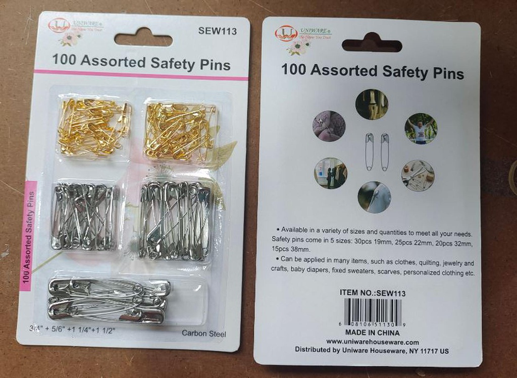 100 pc Safety Pins, Mixed Sizes and Colors (288 sets/ctn)