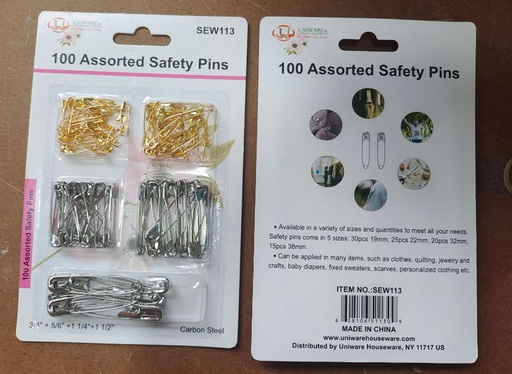 [SEW113] 100 pc Safety Pins, Mixed Sizes and Colors (288 sets/ctn)