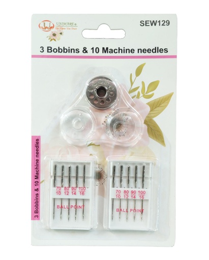 [SEW129] 10 pc Sewing Machine Needles and 3 Bobbin Set (288 sets/ctn)