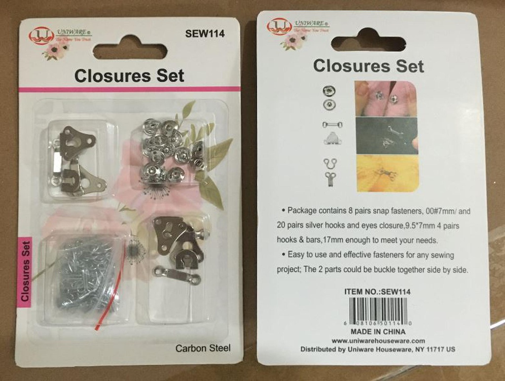 22 pc Hooks, Eyes and Snap Fasteners Set (288 sets/ctn)